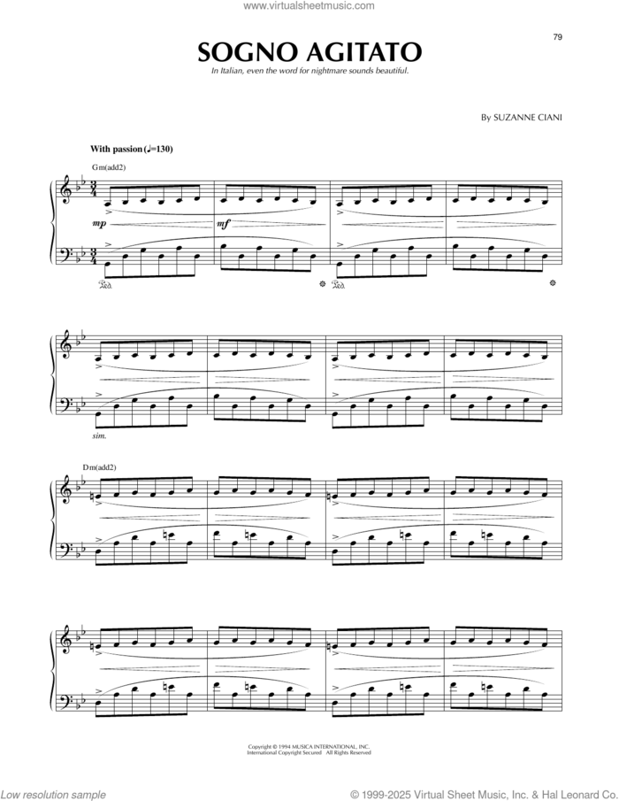Sogno Agitato sheet music for piano solo by Suzanne Ciani, intermediate skill level