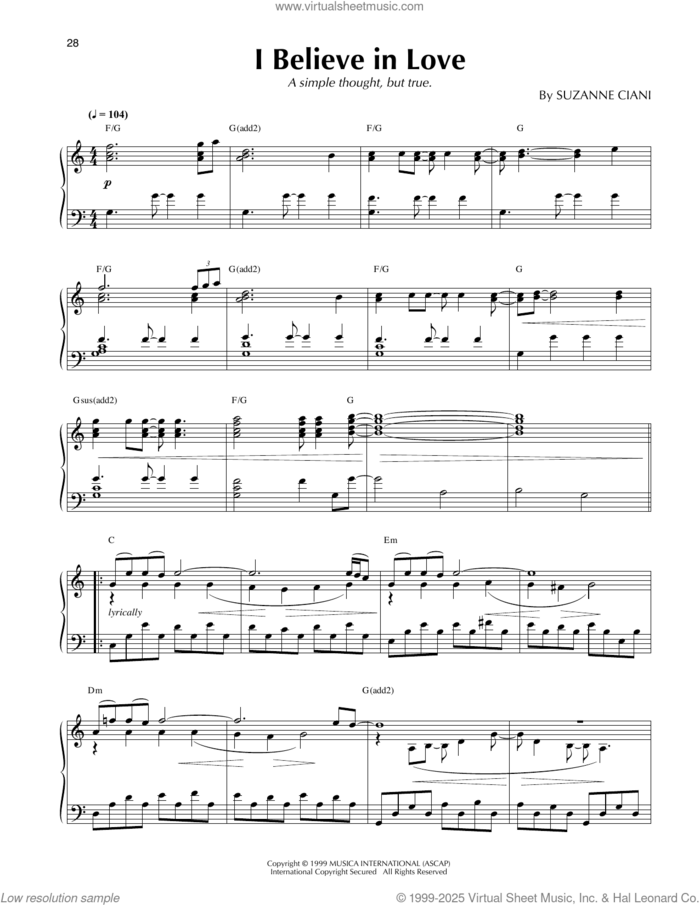 I Believe In Love sheet music for piano solo by Suzanne Ciani, intermediate skill level