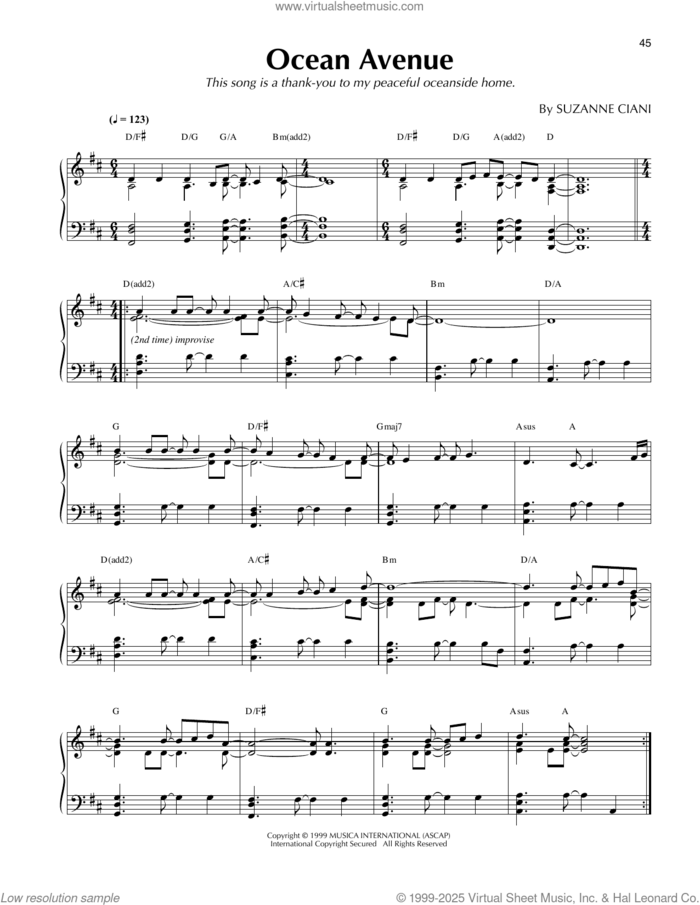 Ocean Avenue sheet music for piano solo by Suzanne Ciani, intermediate skill level