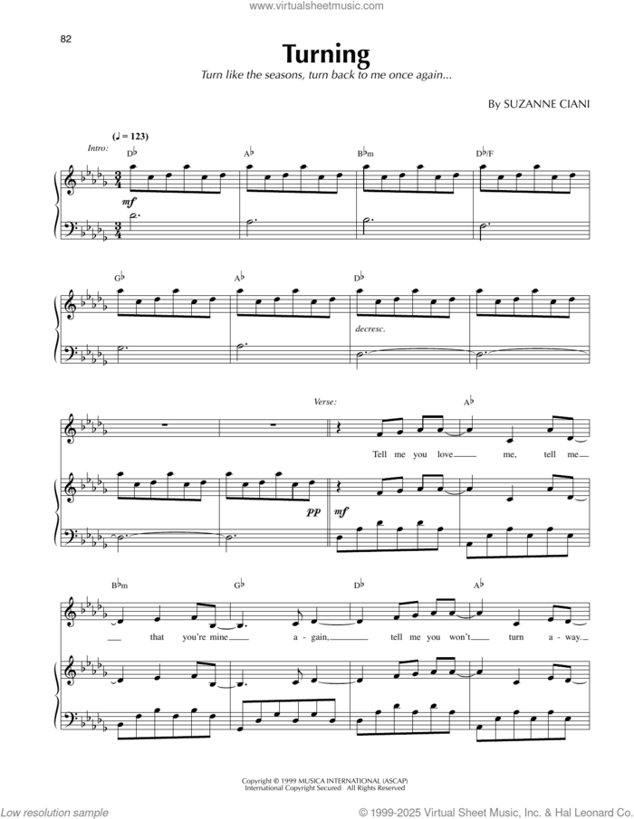 Turning sheet music for voice and piano by Suzanne Ciani, intermediate skill level