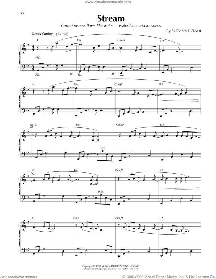 Stream sheet music for piano solo by Suzanne Ciani, intermediate skill level
