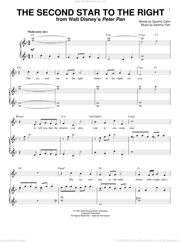 The Second Star To The Right (from Peter Pan) sheet music for voice and piano by Doris Day, Sammy Cahn and Sammy Fain, intermediate skill level