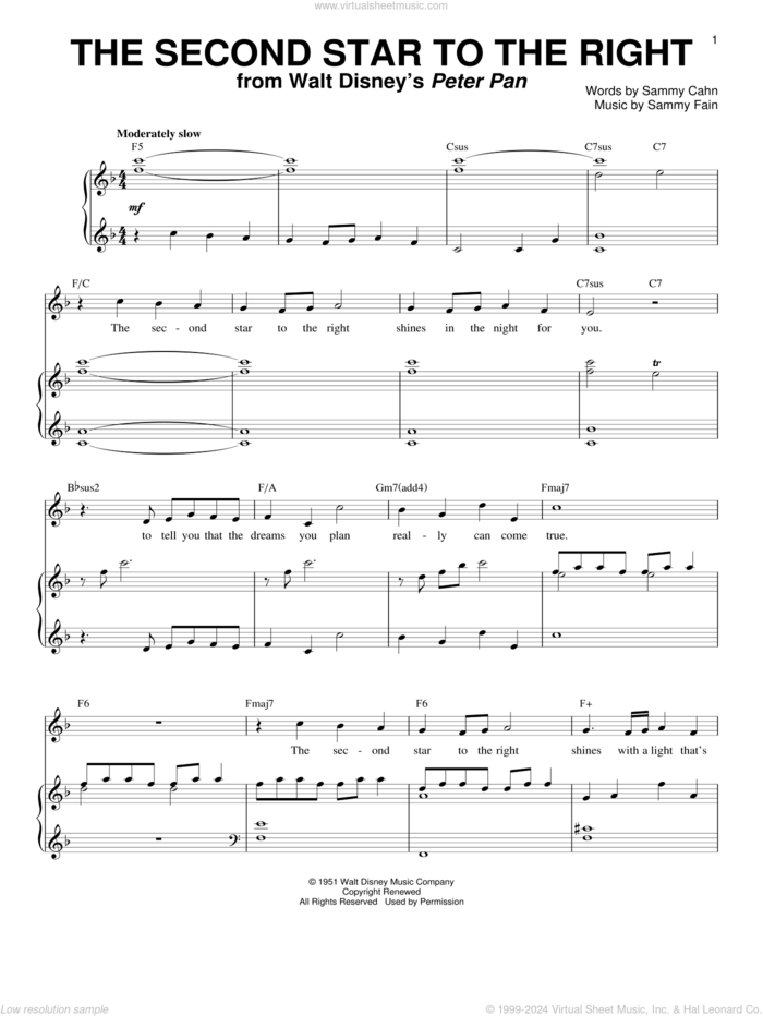 The Second Star To The Right (from Peter Pan) sheet music for voice and piano by Doris Day, Sammy Cahn and Sammy Fain, intermediate skill level