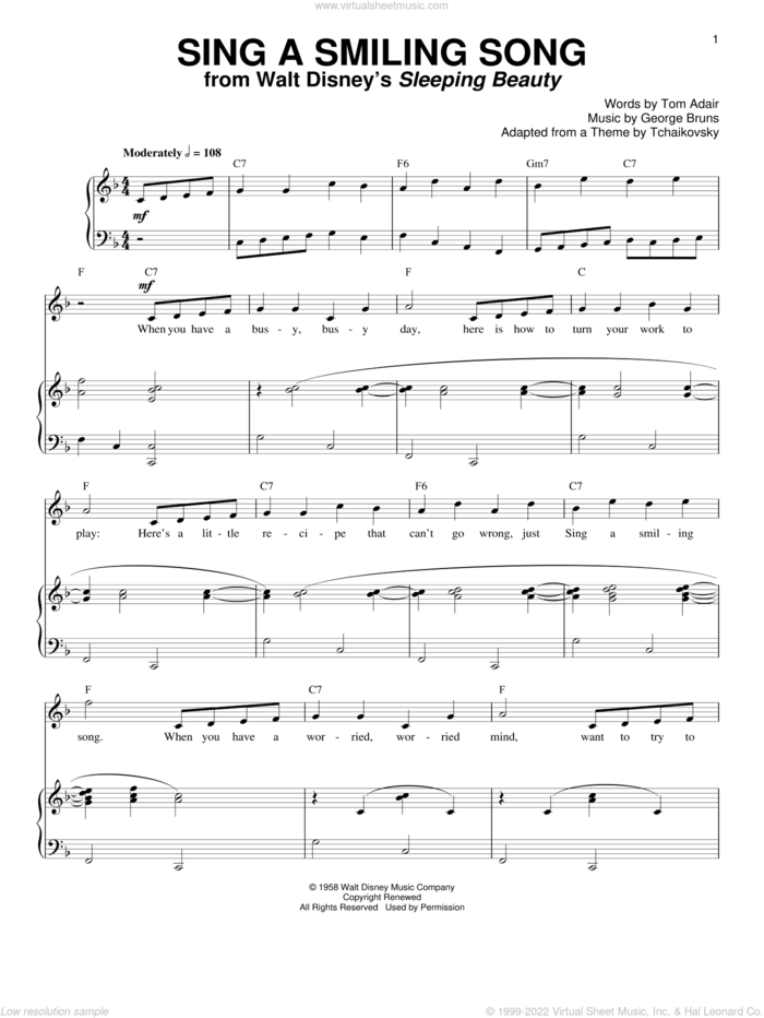 Sing A Smiling Song sheet music for voice and piano by Tom Adair and George Bruns, intermediate skill level