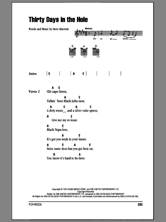 Thirty Days In The Hole sheet music for guitar (chords) by Humble Pie and Steve Marriott, intermediate skill level