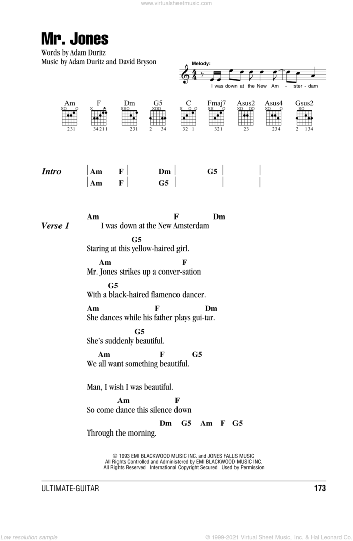 Mr. Jones sheet music for guitar (chords) by Counting Crows, Adam Duritz and David Bryson, intermediate skill level