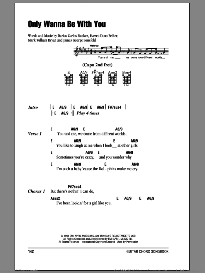 Only Wanna Be With You sheet music for guitar (chords) by Hootie & The Blowfish, Darius Rucker, Everett Dean Felber, James George Sonefeld and Mark William Bryan, intermediate skill level