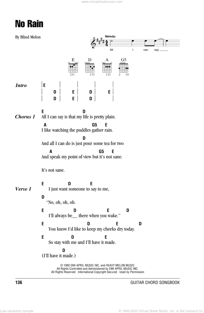 No Rain sheet music for guitar (chords) by Blind Melon, intermediate skill level