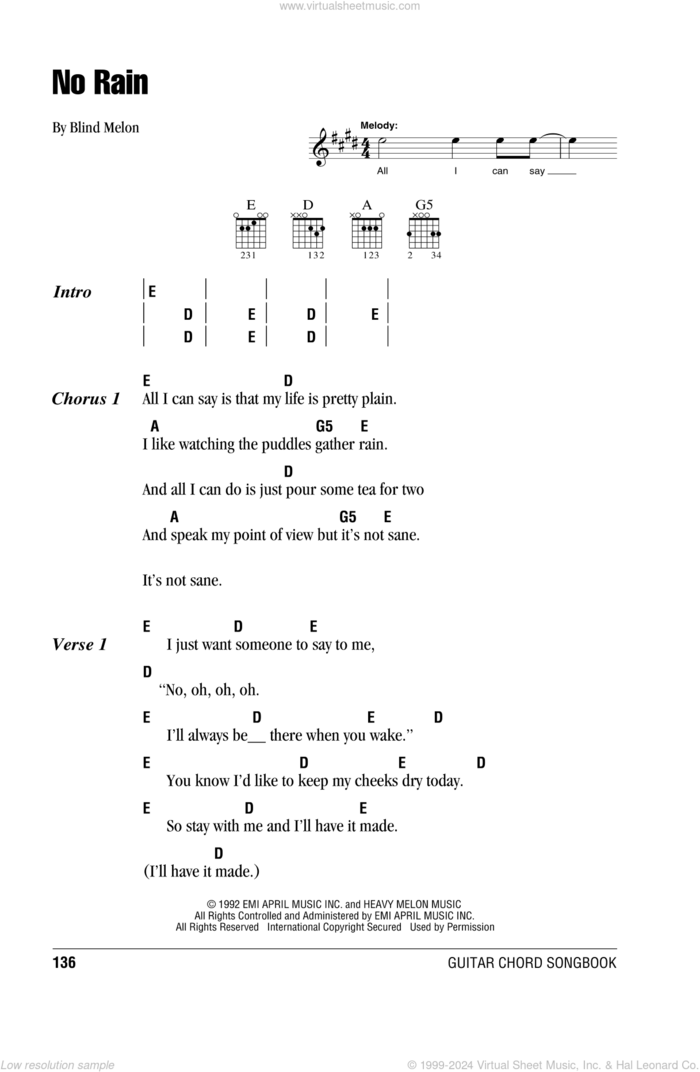 No Rain sheet music for guitar (chords) by Blind Melon, intermediate skill level