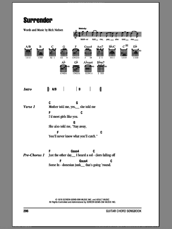 Surrender sheet music for guitar (chords) by Cheap Trick and Rick Nielsen, intermediate skill level