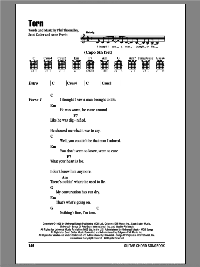 Torn sheet music for guitar (chords) by Natalie Imbruglia, Anne Previn, Phil Thornalley and Scott Cutler, intermediate skill level