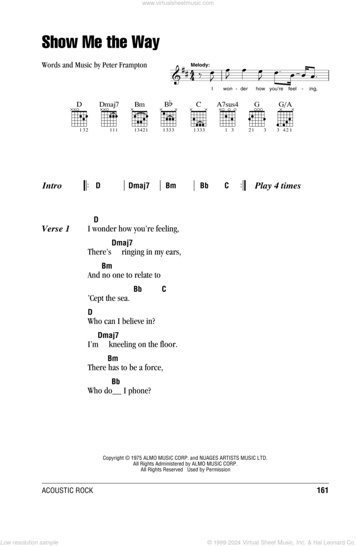 Show Me The Way sheet music for guitar (chords) by Peter Frampton, intermediate skill level