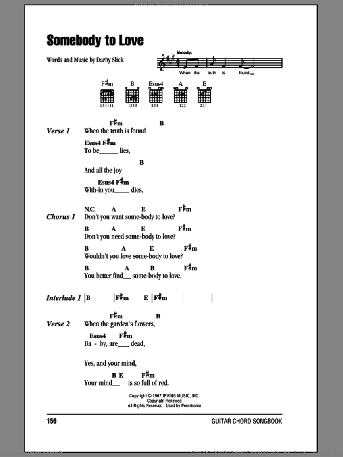 Somebody To Love sheet music for guitar (chords) by Jefferson Airplane and Darby Slick, intermediate skill level