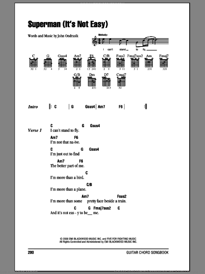 Superman (It's Not Easy) sheet music for guitar (chords) by Five For Fighting and John Ondrasik, intermediate skill level