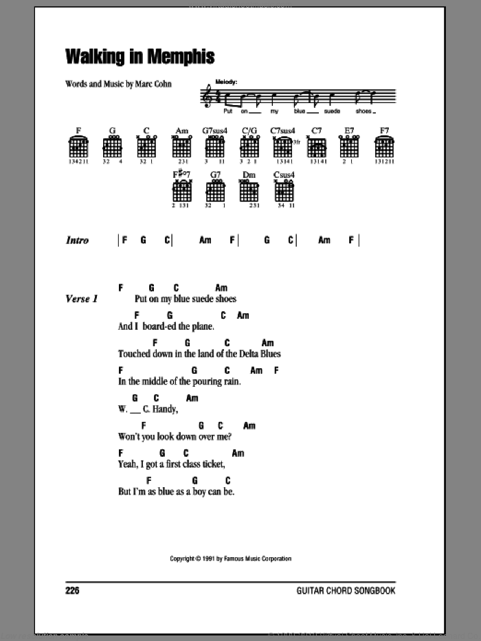 Walking In Memphis sheet music for guitar (chords) by Marc Cohn and Lonestar, intermediate skill level