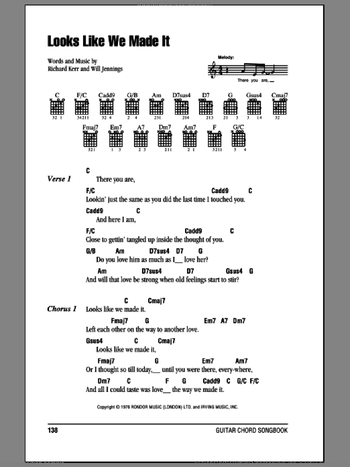 Looks Like We Made It sheet music for guitar (chords) by Barry Manilow, Richard Kerr and Will Jennings, intermediate skill level