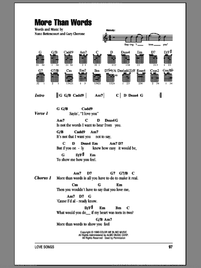 More Than Words sheet music for guitar (chords) by Extreme, Gary Cherone and Nuno Bettencourt, wedding score, intermediate skill level