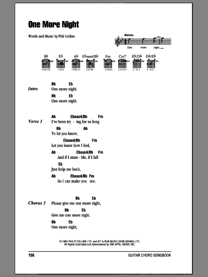 One More Night sheet music for guitar (chords) by Phil Collins, intermediate skill level