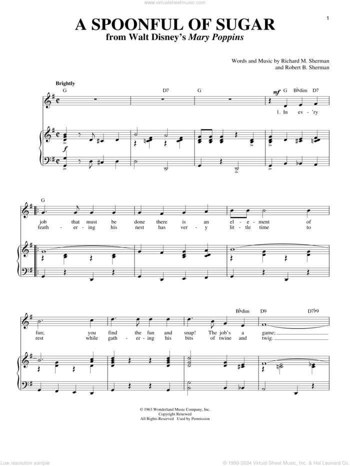 A Spoonful Of Sugar (from Mary Poppins) sheet music for voice and piano by Sherman Brothers, Mary Poppins (Movie), Richard M. Sherman and Robert B. Sherman, intermediate skill level