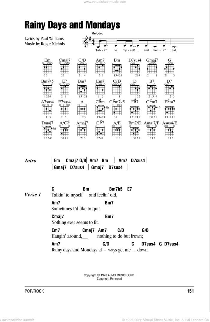 Rainy Days And Mondays sheet music for guitar (chords) by Carpenters, Paul Williams and Roger Nichols, intermediate skill level