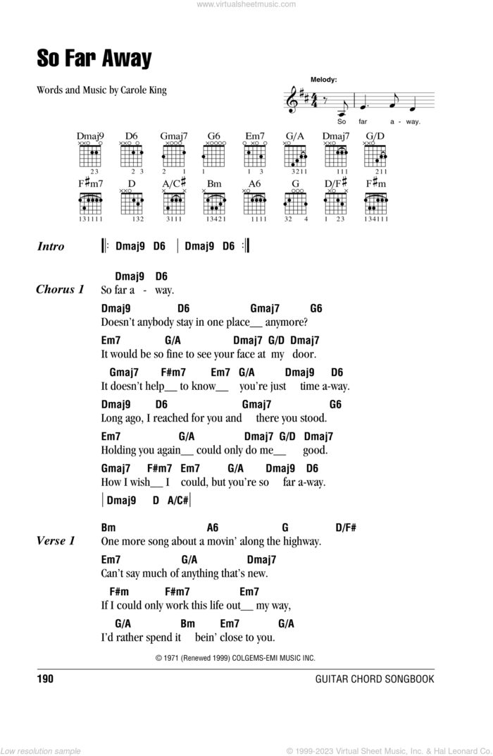 So Far Away sheet music for guitar (chords) by Carole King and Rod Stewart, intermediate skill level