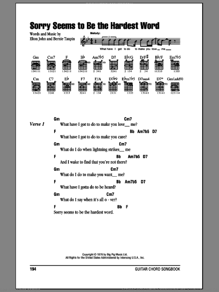 Sorry Seems To Be The Hardest Word sheet music for guitar (chords) by Elton John and Bernie Taupin, intermediate skill level