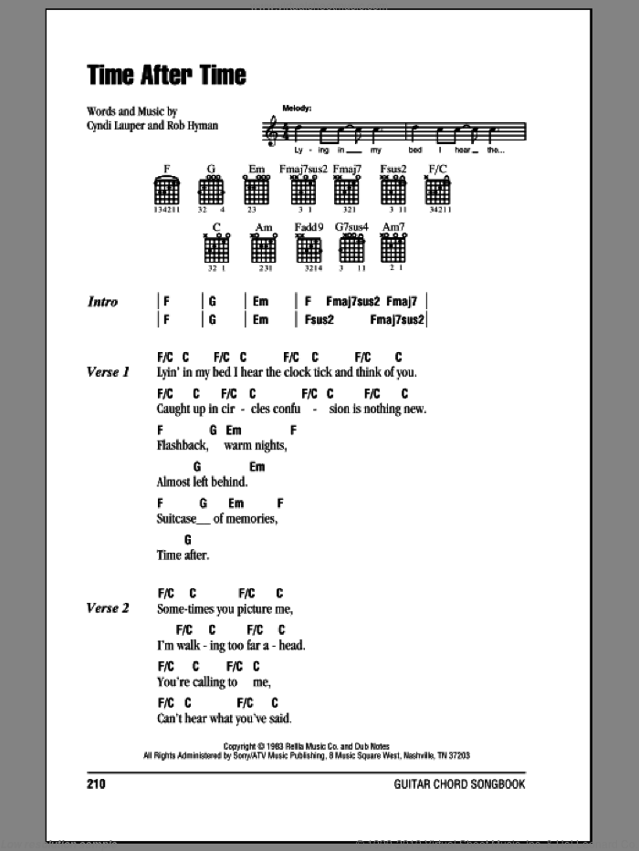 Time After Time sheet music for guitar (chords) by Cyndi Lauper and Rob Hyman, intermediate skill level