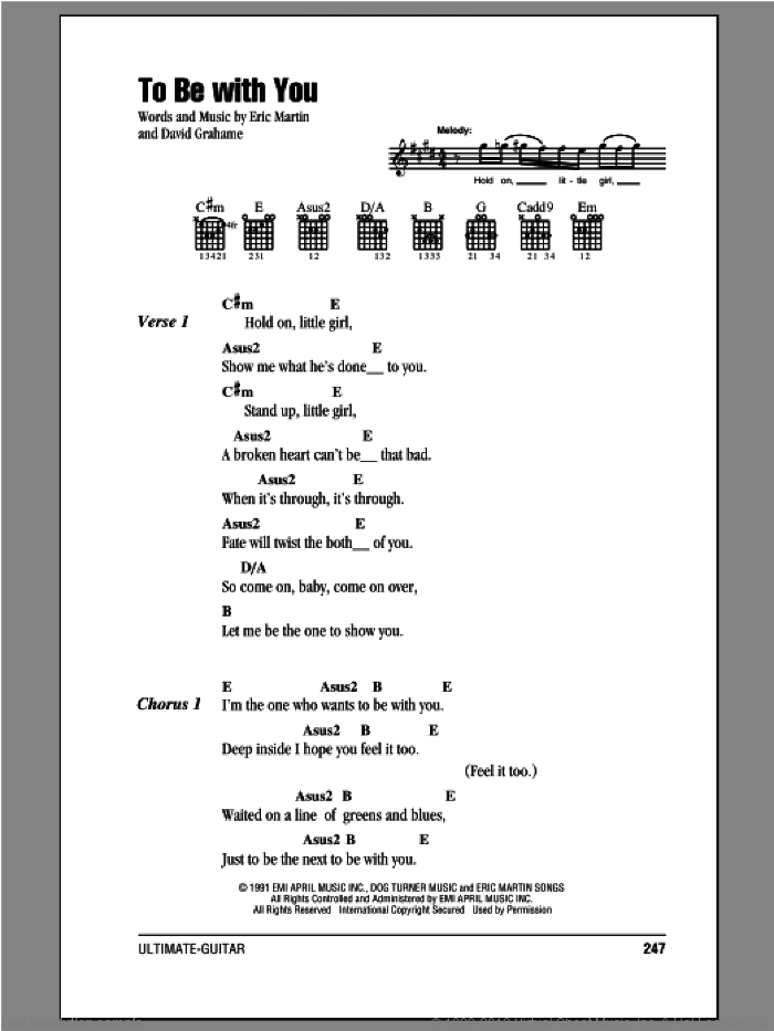 To Be With You sheet music for guitar (chords) by Mr. Big, David Grahame and Eric Martin, intermediate skill level