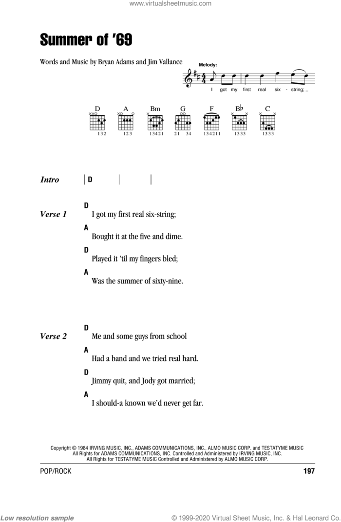 Summer Of '69 sheet music for guitar (chords) by Bryan Adams and Jim Vallance, intermediate skill level