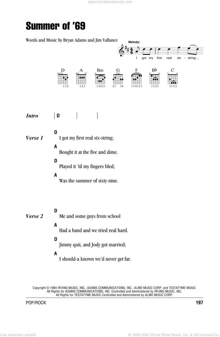 Summer Of '69 sheet music for guitar (chords) by Bryan Adams and Jim Vallance, intermediate skill level