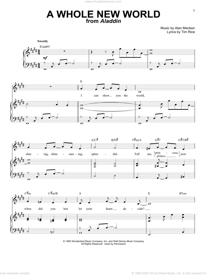 A Whole New World (from Aladdin) sheet music for voice and piano by Alan Menken, Brad Kane, Peabo Bryson, Alan Menken & Tim Rice and Tim Rice, wedding score, intermediate skill level
