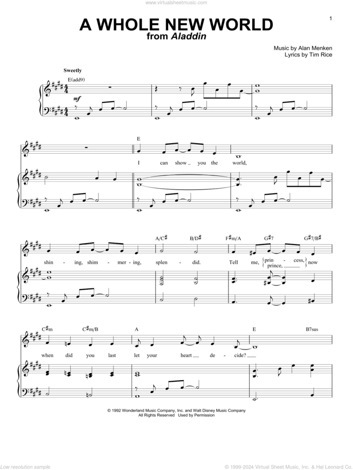 A Whole New World (from Aladdin) sheet music for voice and piano by Alan Menken, Brad Kane, Peabo Bryson, Alan Menken & Tim Rice and Tim Rice, wedding score, intermediate skill level