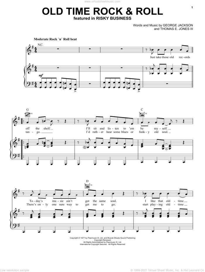 Old Time Rock and Roll sheet music for voice, piano or guitar by Bob Seger, George Jackson and Tom Jones, intermediate skill level