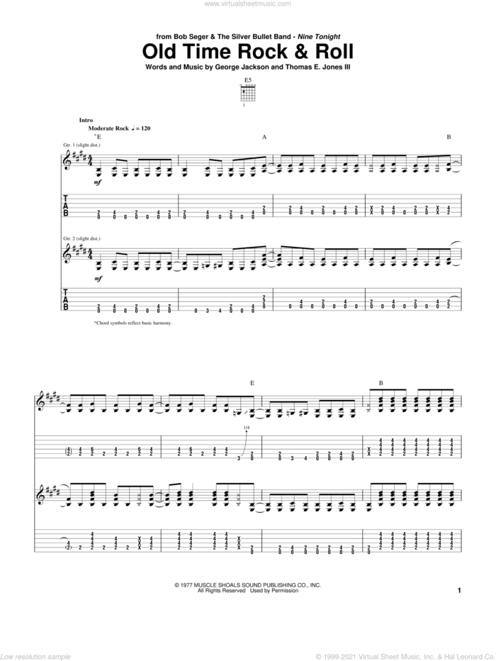 Old Time Rock and Roll sheet music for guitar (tablature) by Bob Seger, George Jackson and Tom Jones, intermediate skill level