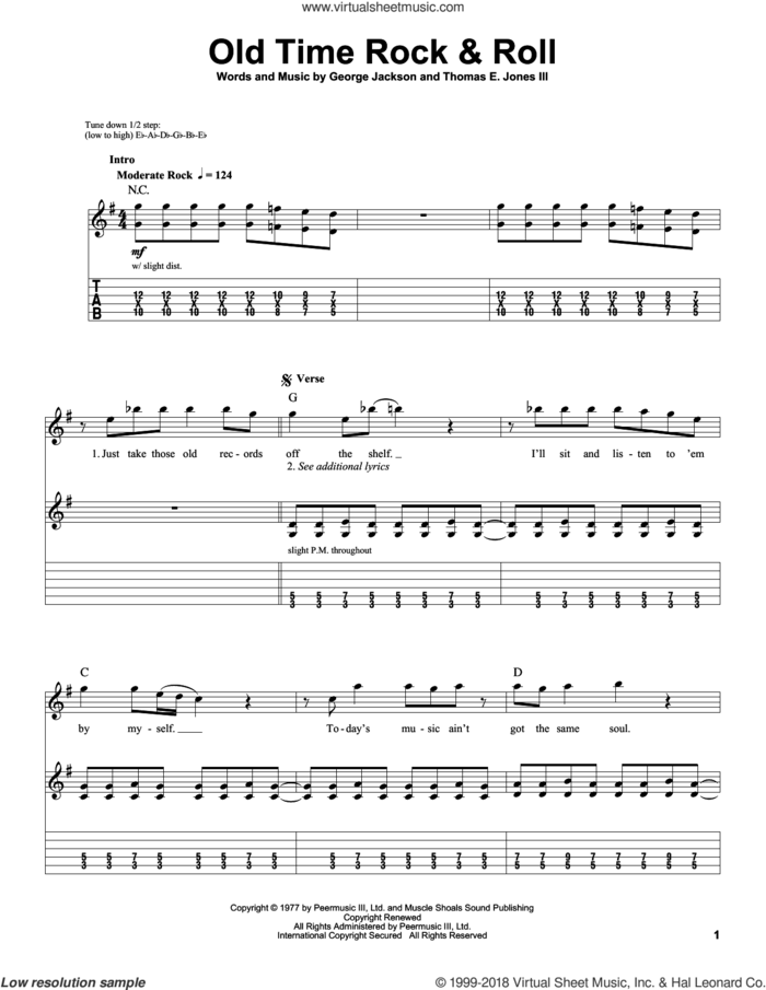 Old Time Rock and Roll sheet music for guitar (tablature, play-along) by Bob Seger, George Jackson and Tom Jones, intermediate skill level