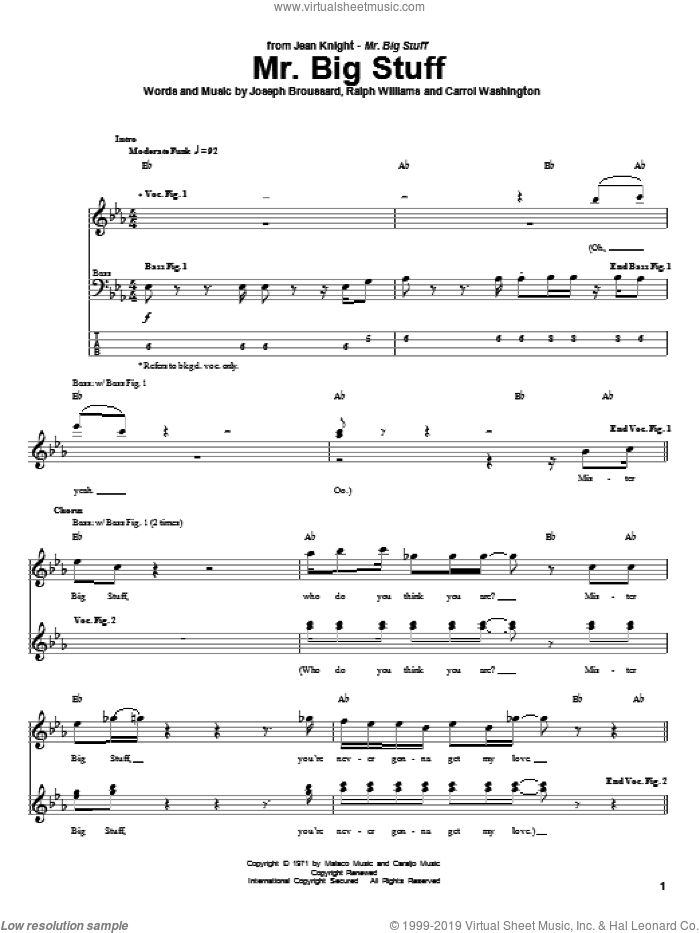 Mr. Big Stuff sheet music for bass (tablature) (bass guitar) by Jean Knight, Carrol Washington, Joseph Broussard and Ralph Vaughan Williams, intermediate skill level