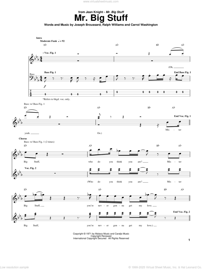 Mr. Big Stuff sheet music for bass (tablature) (bass guitar) by Jean Knight, Carrol Washington, Joseph Broussard and Ralph Vaughan Williams, intermediate skill level
