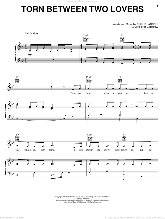 Torn Between Two Lovers sheet music for voice, piano or guitar by Mary MacGregor, Peter Yarrow and Phillip Jarrell, intermediate skill level