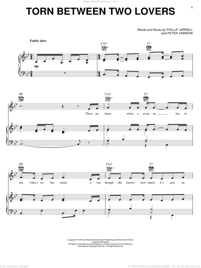 Torn Between Two Lovers sheet music for voice, piano or guitar by Mary MacGregor, Peter Yarrow and Phillip Jarrell, intermediate skill level