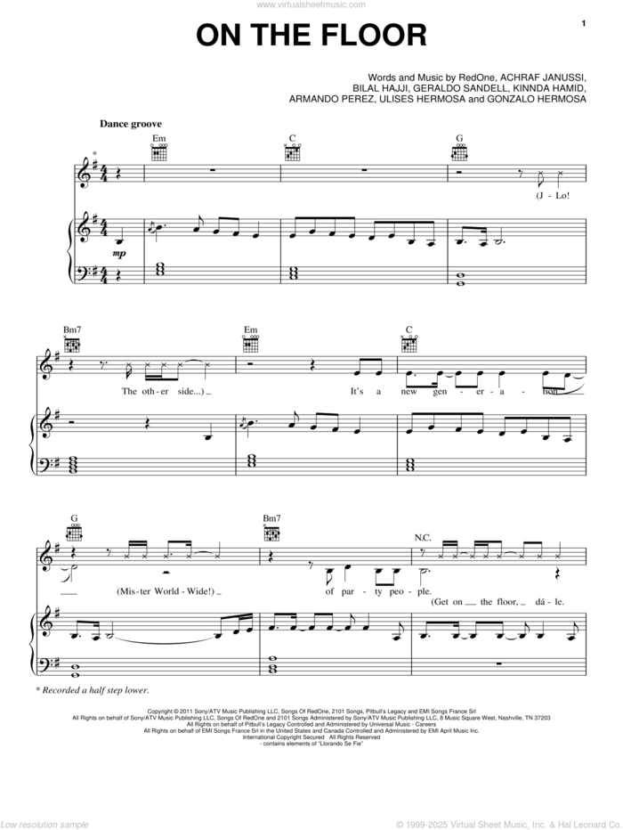 On The Floor sheet music for voice, piano or guitar by Jennifer Lopez, Achraf Janussi, Armando Perez, Bilal Hajji, Geraldo Sandell, Gonzalo Hermosa, Kinnda Hamid, RedOne and Ulises Hermosa, intermediate skill level