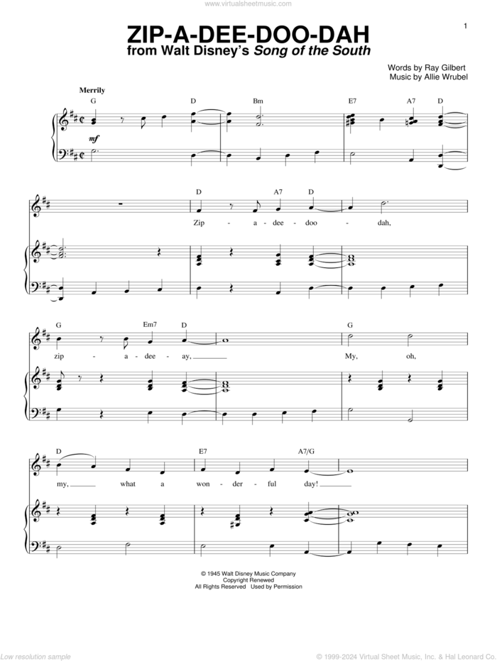 Zip-A-Dee-Doo-Dah (from Song Of The South) sheet music for voice and piano by Ray Gilbert, James Baskett and Allie Wrubel, intermediate skill level