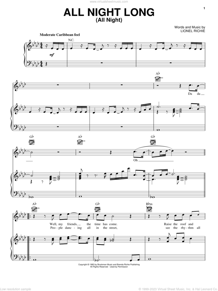 All Night Long (All Night) sheet music for voice, piano or guitar by Lionel Richie, intermediate skill level