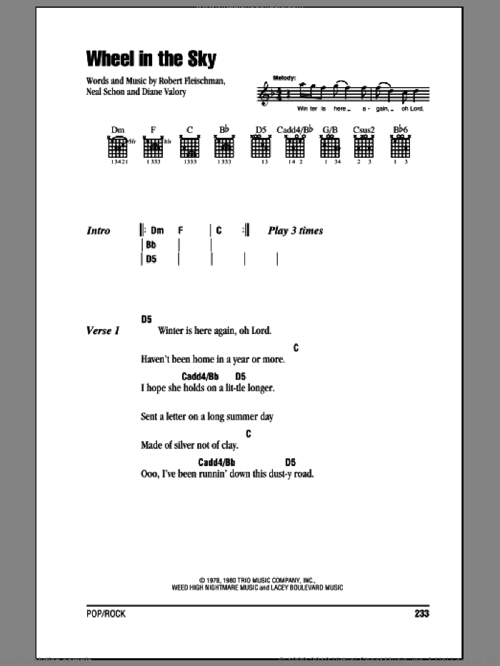 Wheel In The Sky sheet music for guitar (chords) by Journey, Diane Valory, Neal Schon and Robert Fleischman, intermediate skill level