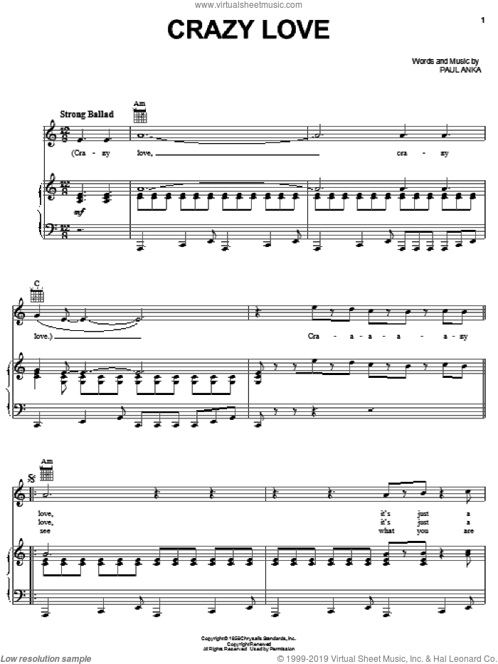 Crazy Love sheet music for voice, piano or guitar by Paul Anka, intermediate skill level