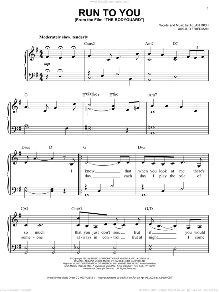 Run To You sheet music for voice, piano or guitar by Whitney Houston, Allan Rich and Jud Friedman, wedding score, intermediate skill level