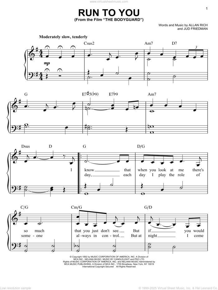 Run To You sheet music for piano solo by Whitney Houston, Allan Rich and Jud Friedman, wedding score, easy skill level