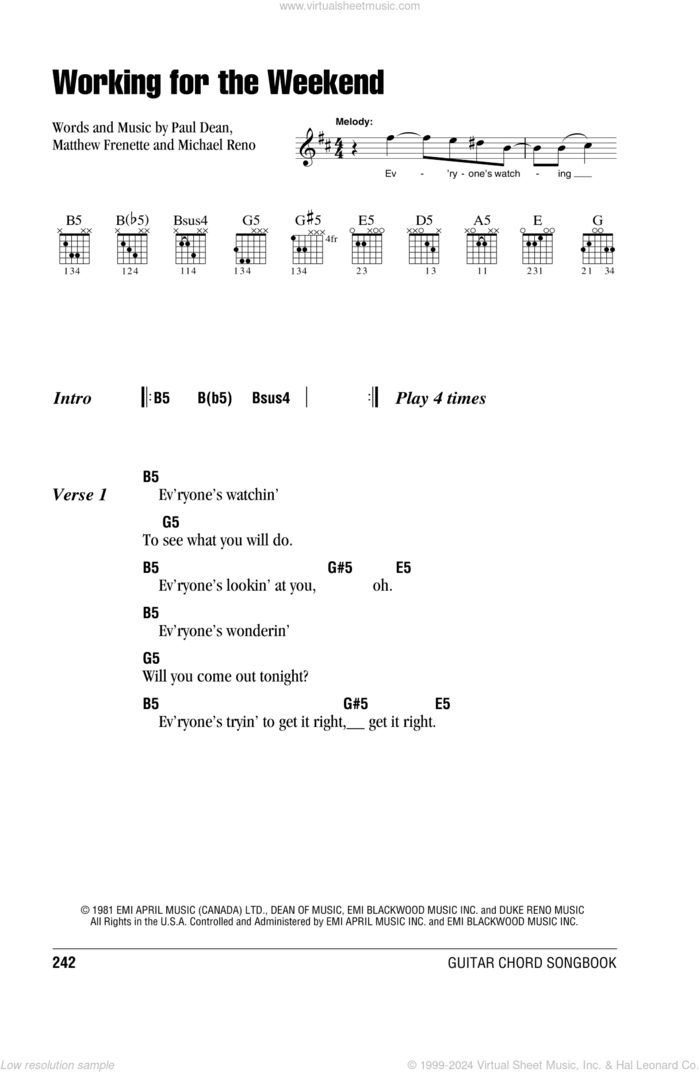 Working For The Weekend sheet music for guitar (chords) by Loverboy, Matthew Frenette, Michael Reno and Paul Dean, intermediate skill level