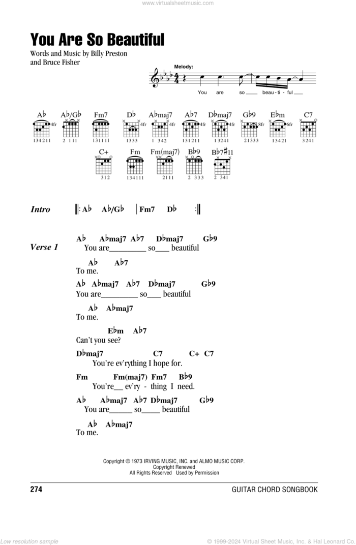 You Are So Beautiful sheet music for guitar (chords) by Joe Cocker, Billy Preston and Bruce Fisher, wedding score, intermediate skill level