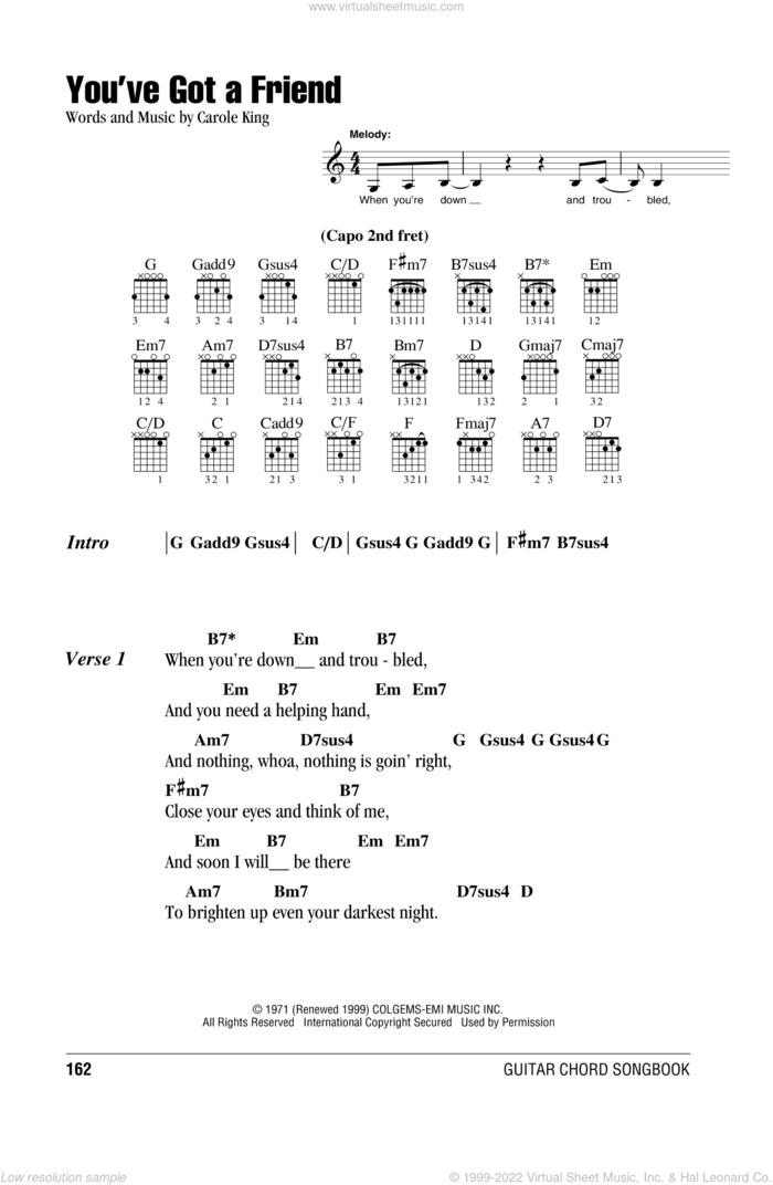 You've Got A Friend sheet music for guitar (chords) by James Taylor and Carole King, intermediate skill level