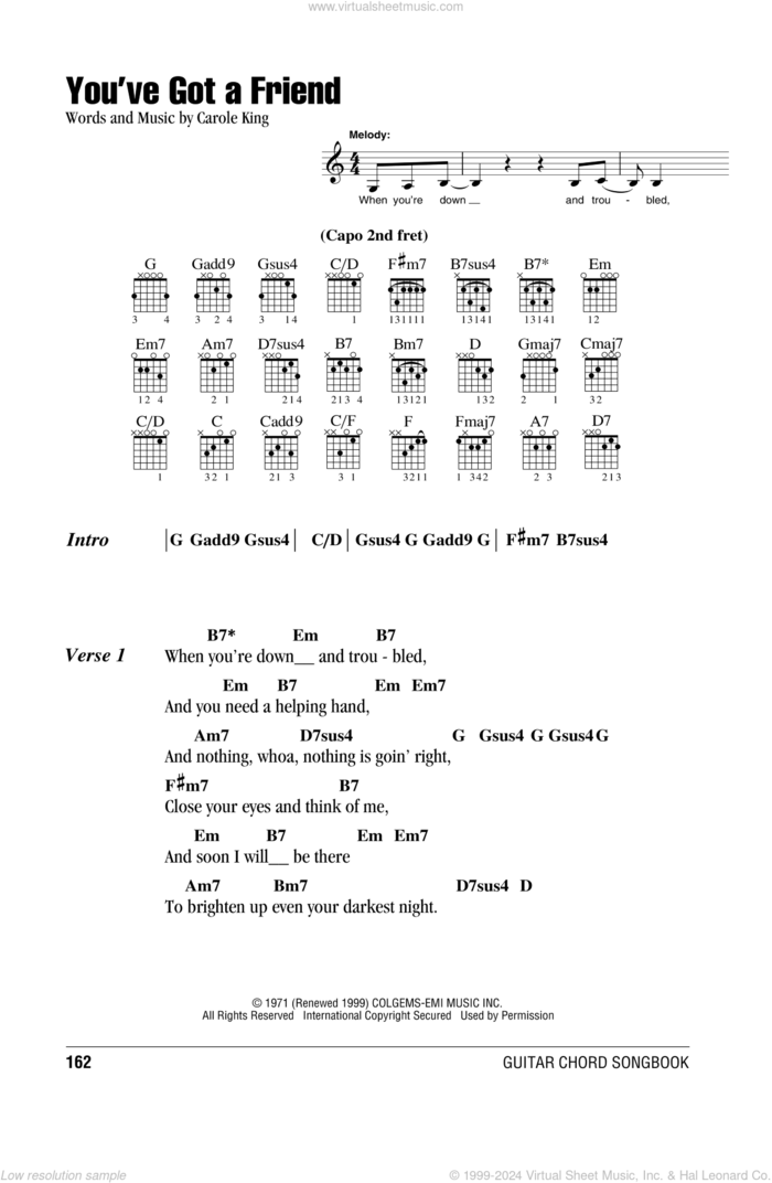 You've Got A Friend sheet music for guitar (chords) by James Taylor and Carole King, intermediate skill level